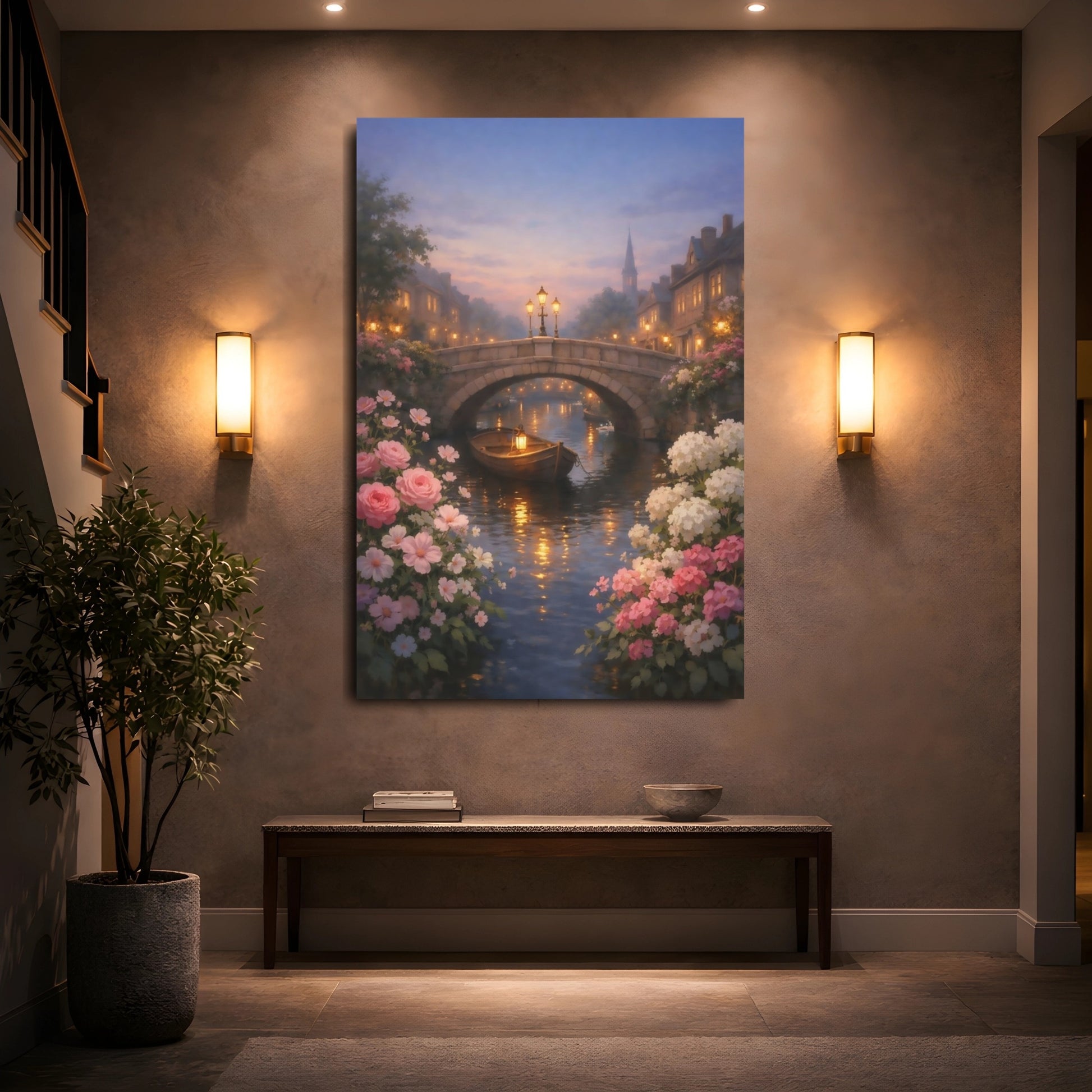 Fairytale Canal Scene Romantic Canal Scene shown as front canvas room wall art