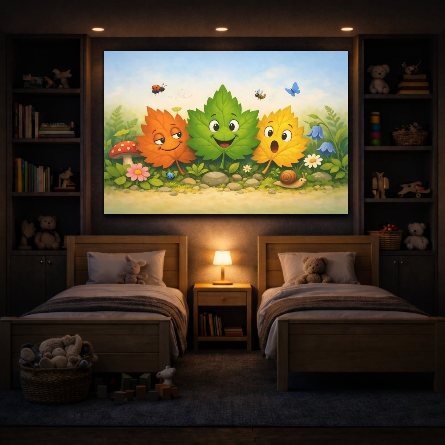 Fairytale Cartoon Leaves Whimsical Forest Friends shown as front canvas room wall art