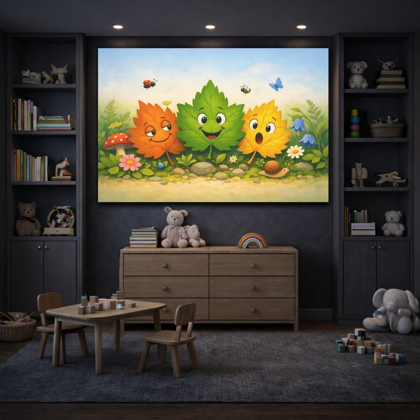 Fairytale Cartoon Leaves Whimsical Forest Friends shown as front canvas room wall art