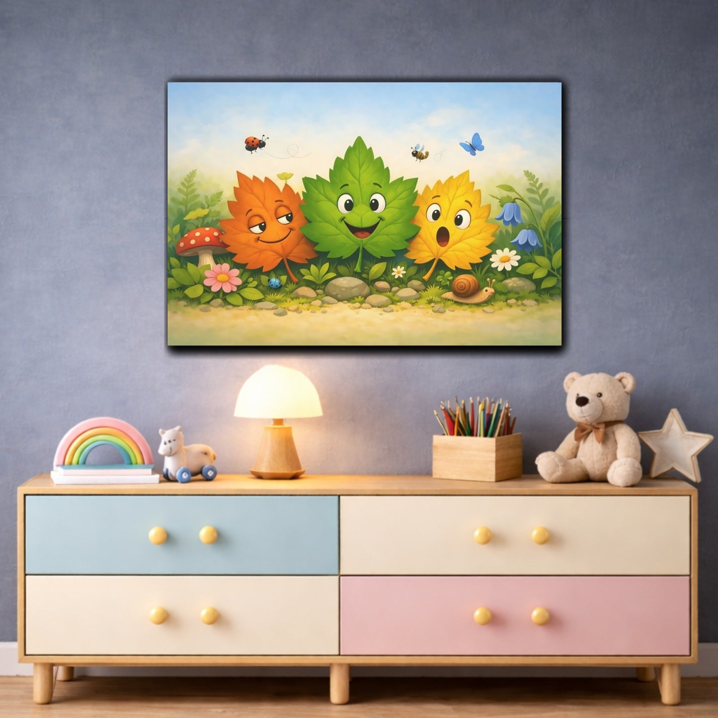 Fairytale Cartoon Leaves Whimsical Forest Friends shown as front canvas room wall art