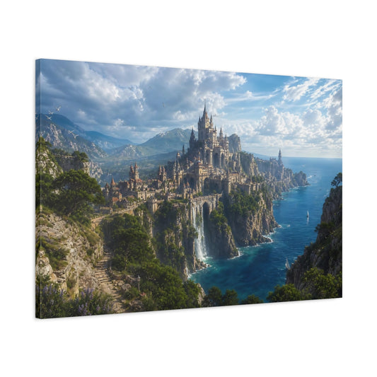 Main Mockup. Fairytale Castle Blue Ocean Castle shown as stretched canvas wall art