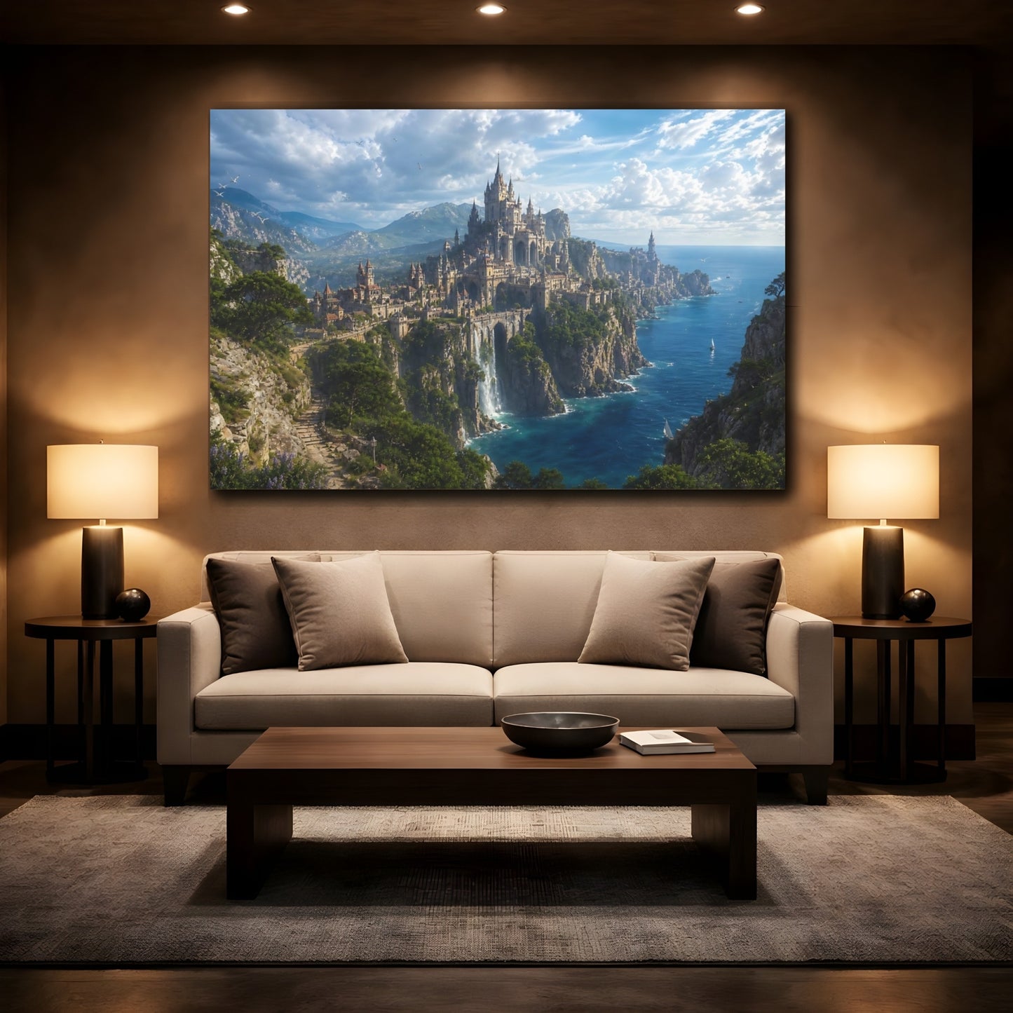 Mockup 2. Fairytale Castle Blue Ocean Castle shown as stretched canvas wall art