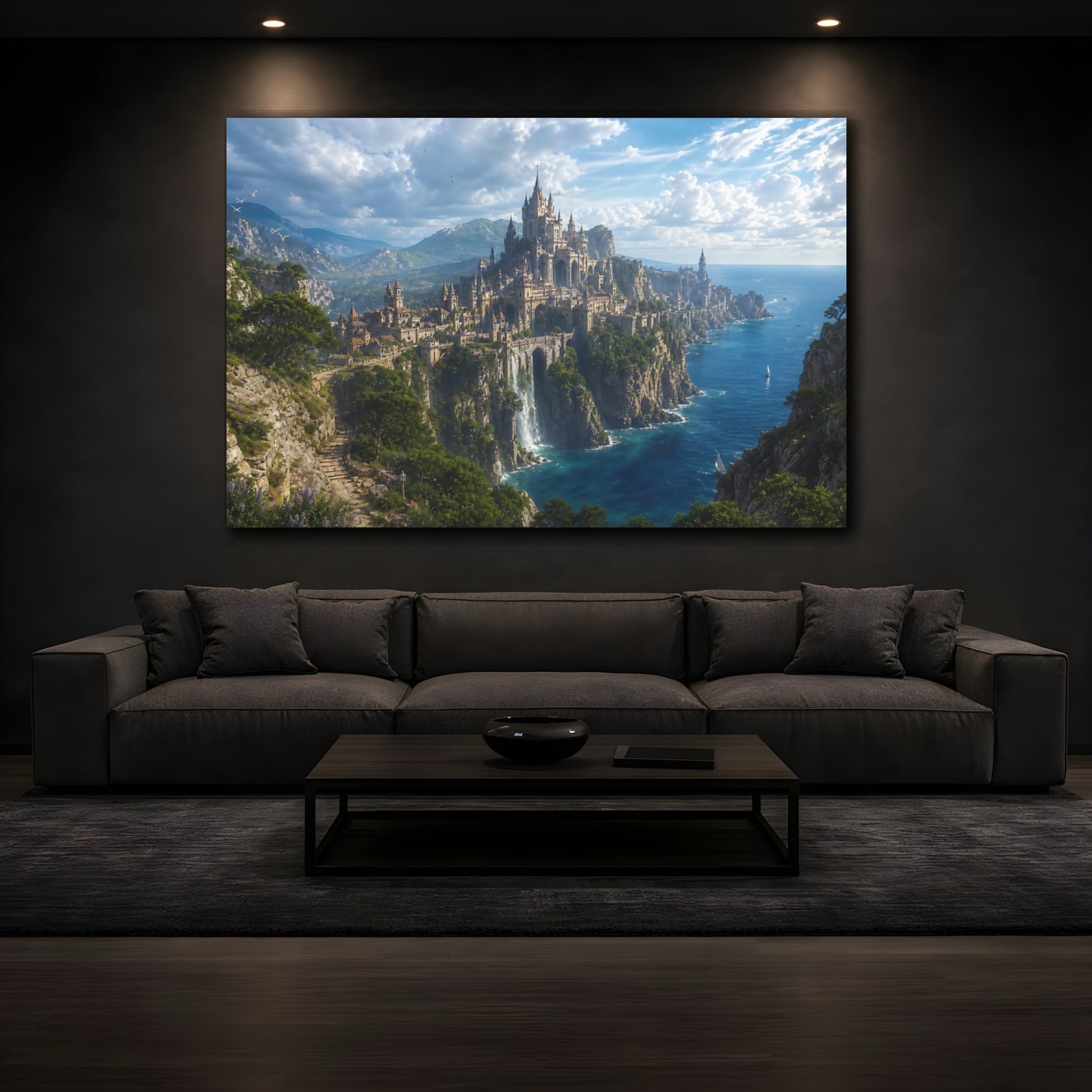 Mockup 3. Fairytale Castle Blue Ocean Castle shown as stretched canvas wall art