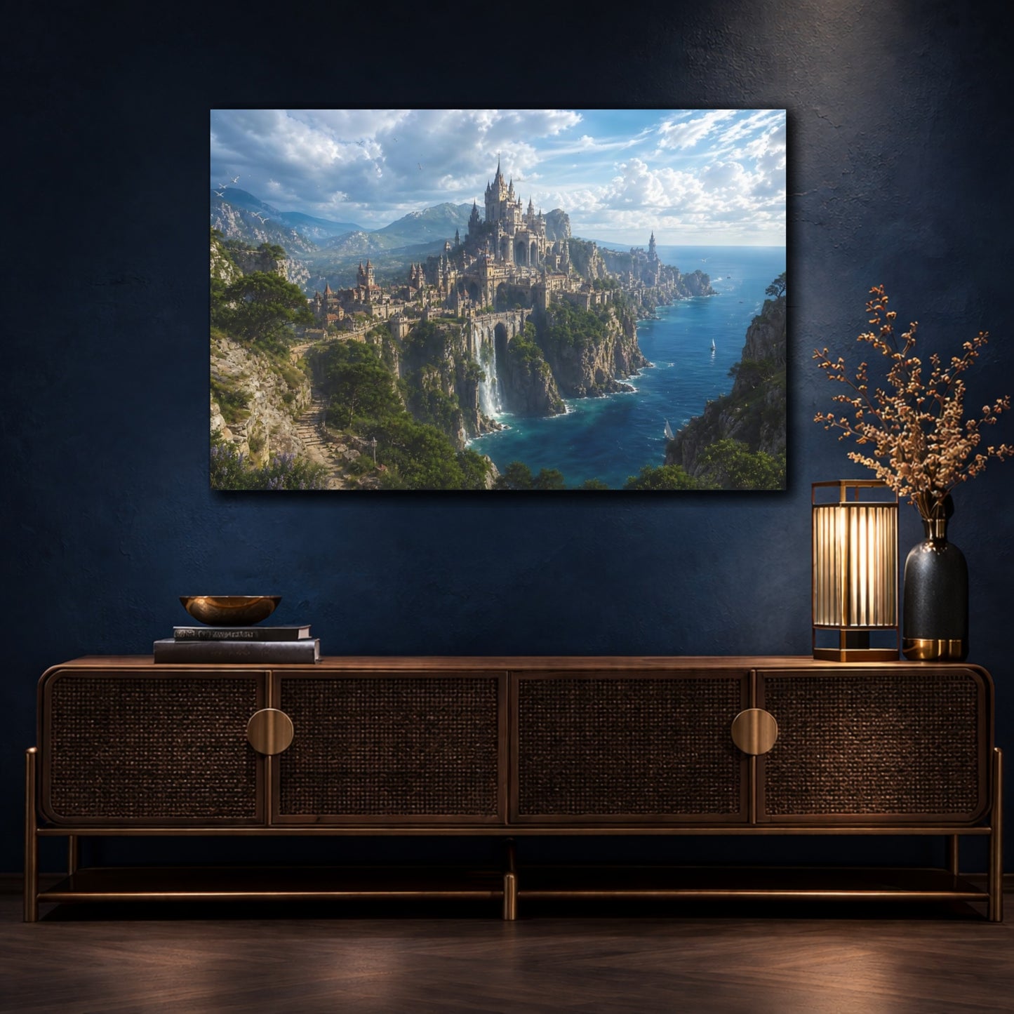 Mockup 4. Fairytale Castle Blue Ocean Castle shown as stretched canvas wall art