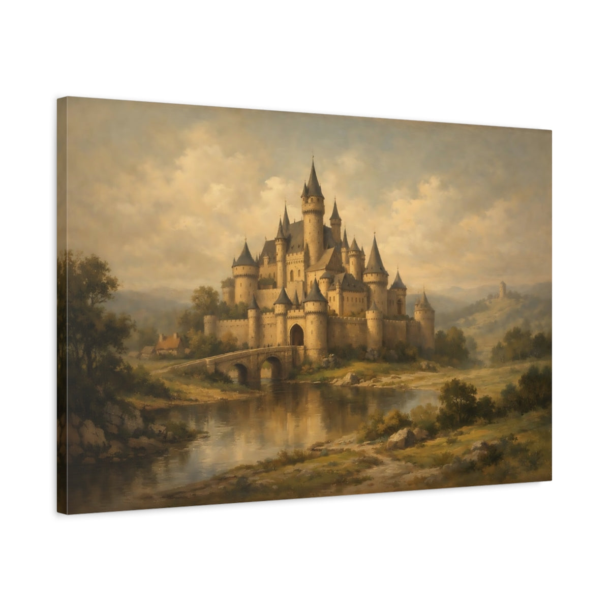 Side Mockup 2. Fairytale Fairytale Castle Brown And Gold Castle shown as stretched canvas wall art