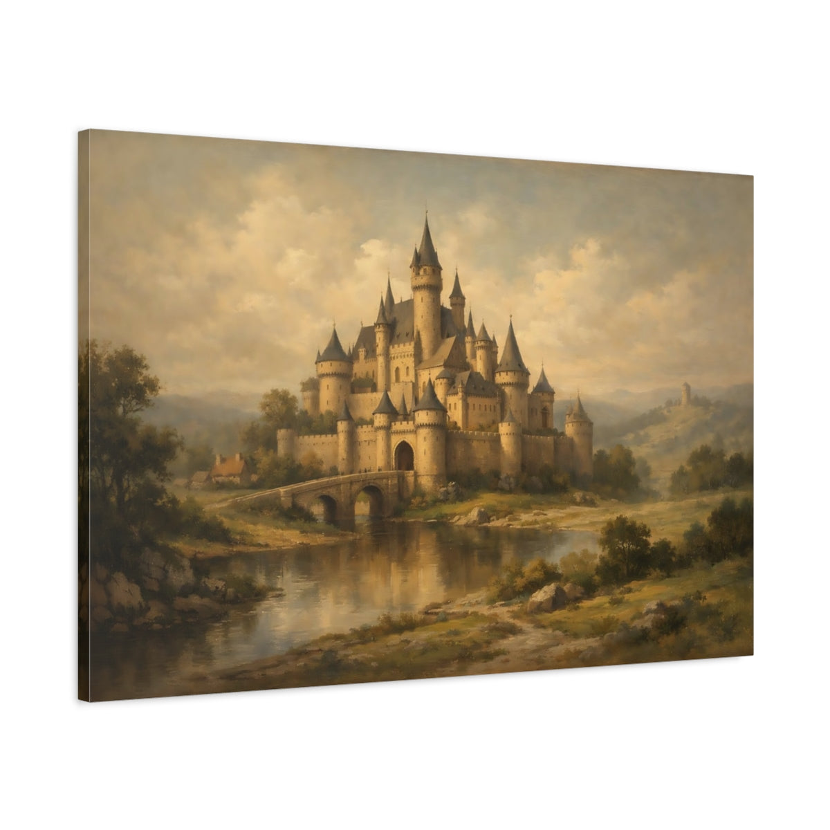 Side Mockup 1. Fairytale Fairytale Castle Brown And Gold Castle shown as stretched canvas wall art