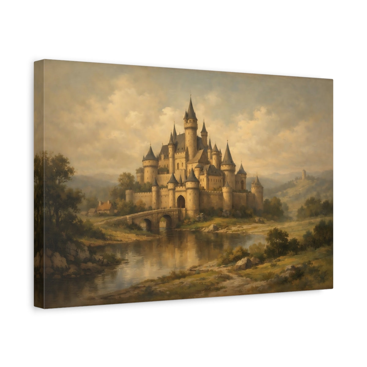 Side Mockup 4. Fairytale Fairytale Castle Brown And Gold Castle shown as stretched canvas wall art