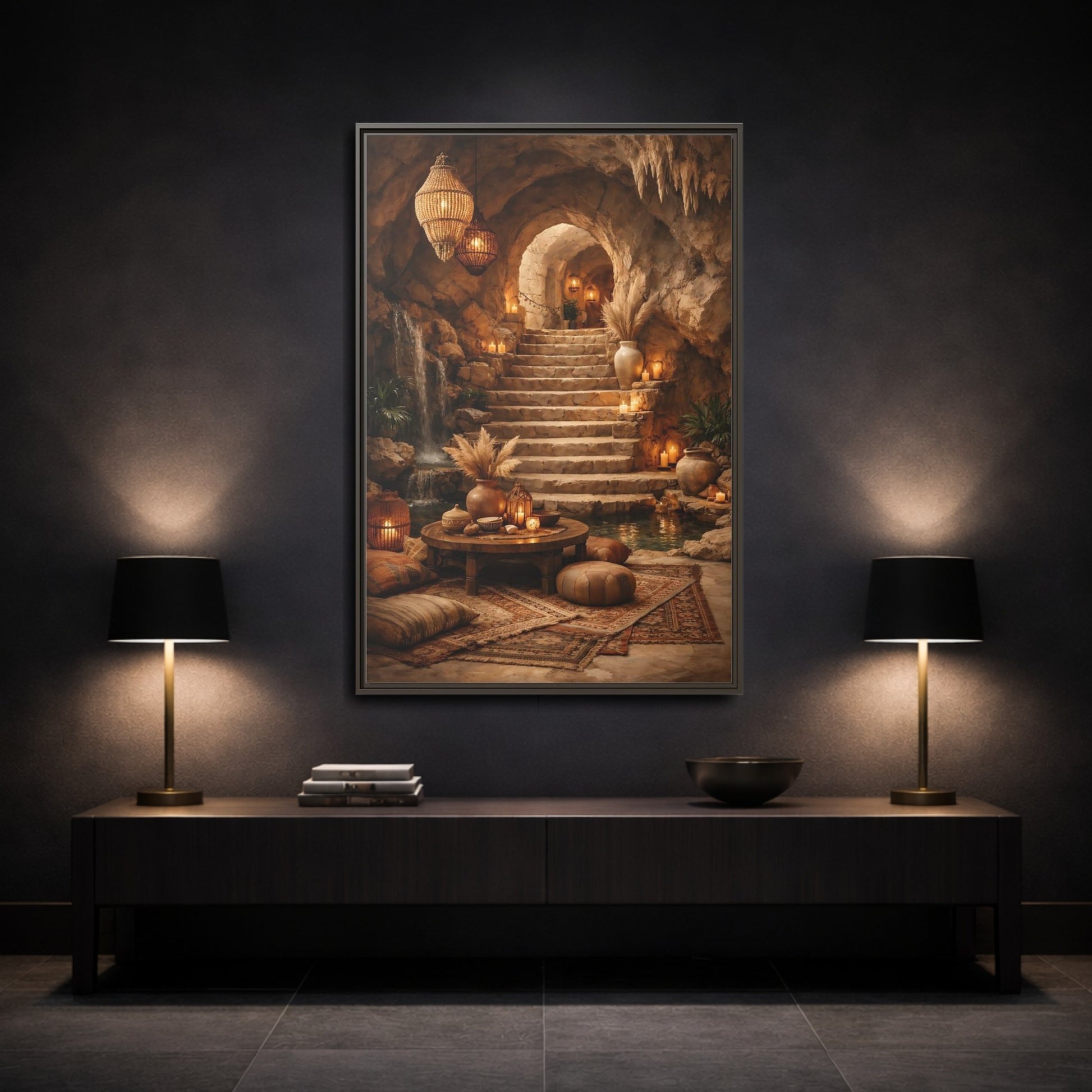 Mockup 2. Fairytale Cave Grotto Warm Earth Tones shown as stretched canvas wall art
