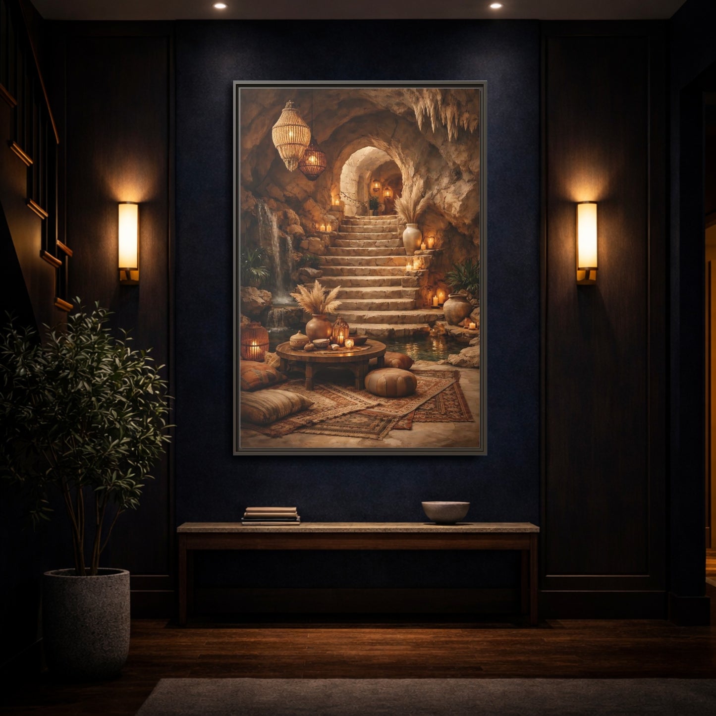 Mockup 3. Fairytale Cave Grotto Warm Earth Tones shown as stretched canvas wall art