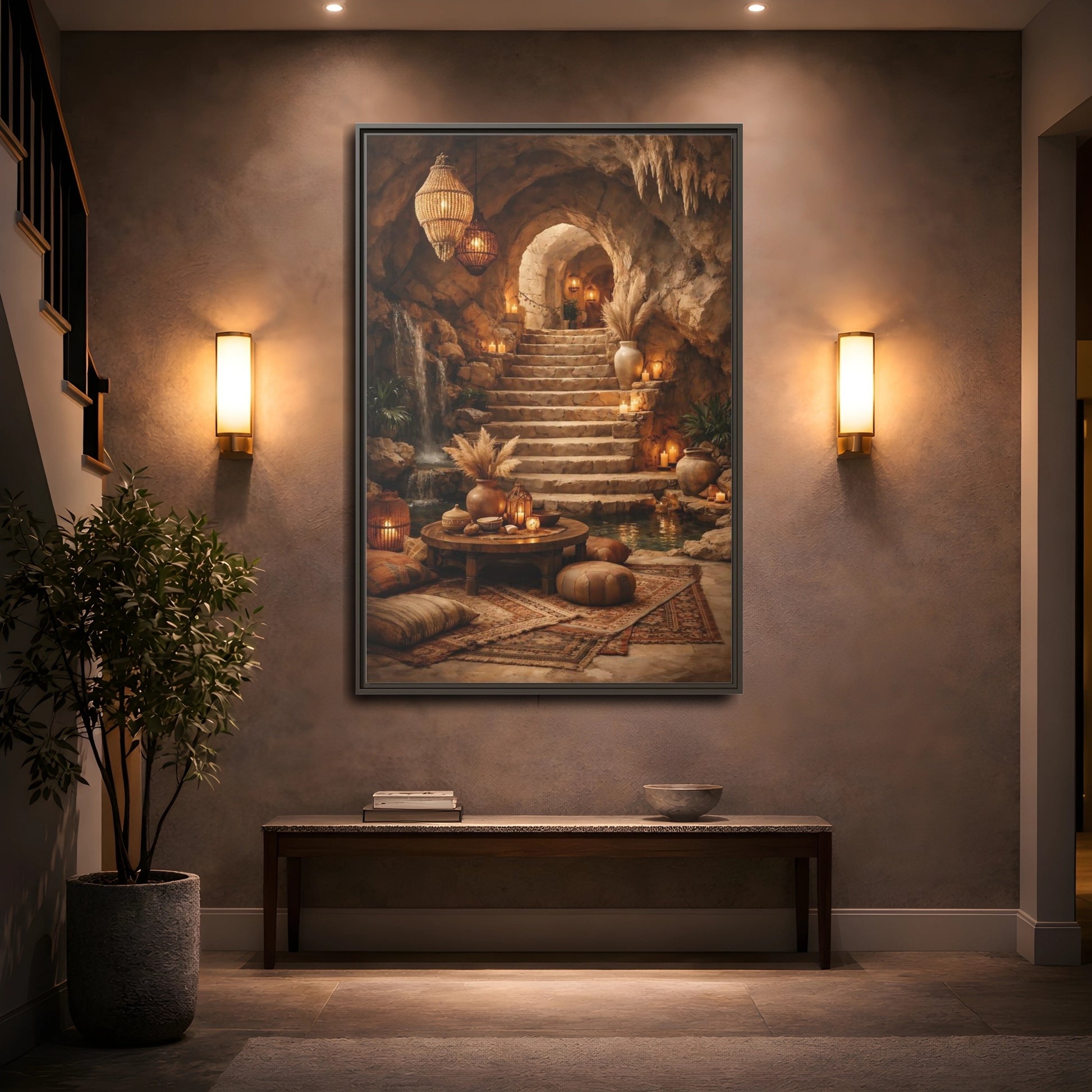 Mockup 4. Fairytale Cave Grotto Warm Earth Tones shown as stretched canvas wall art