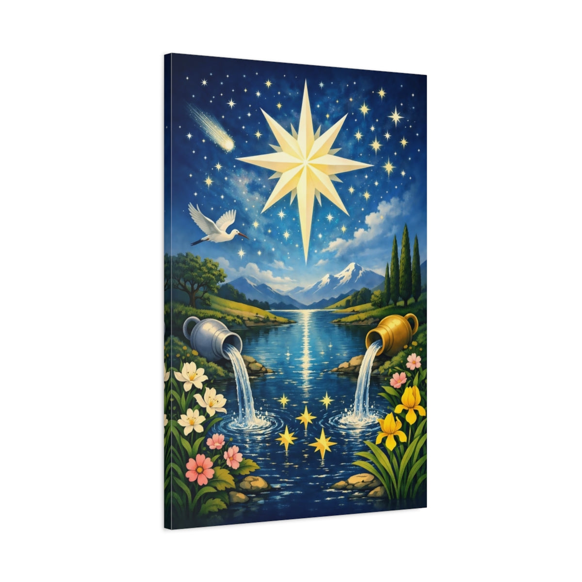 Side Mockup 1. Fairytale Celestial Star Blue And Gold Star shown as stretched canvas wall art