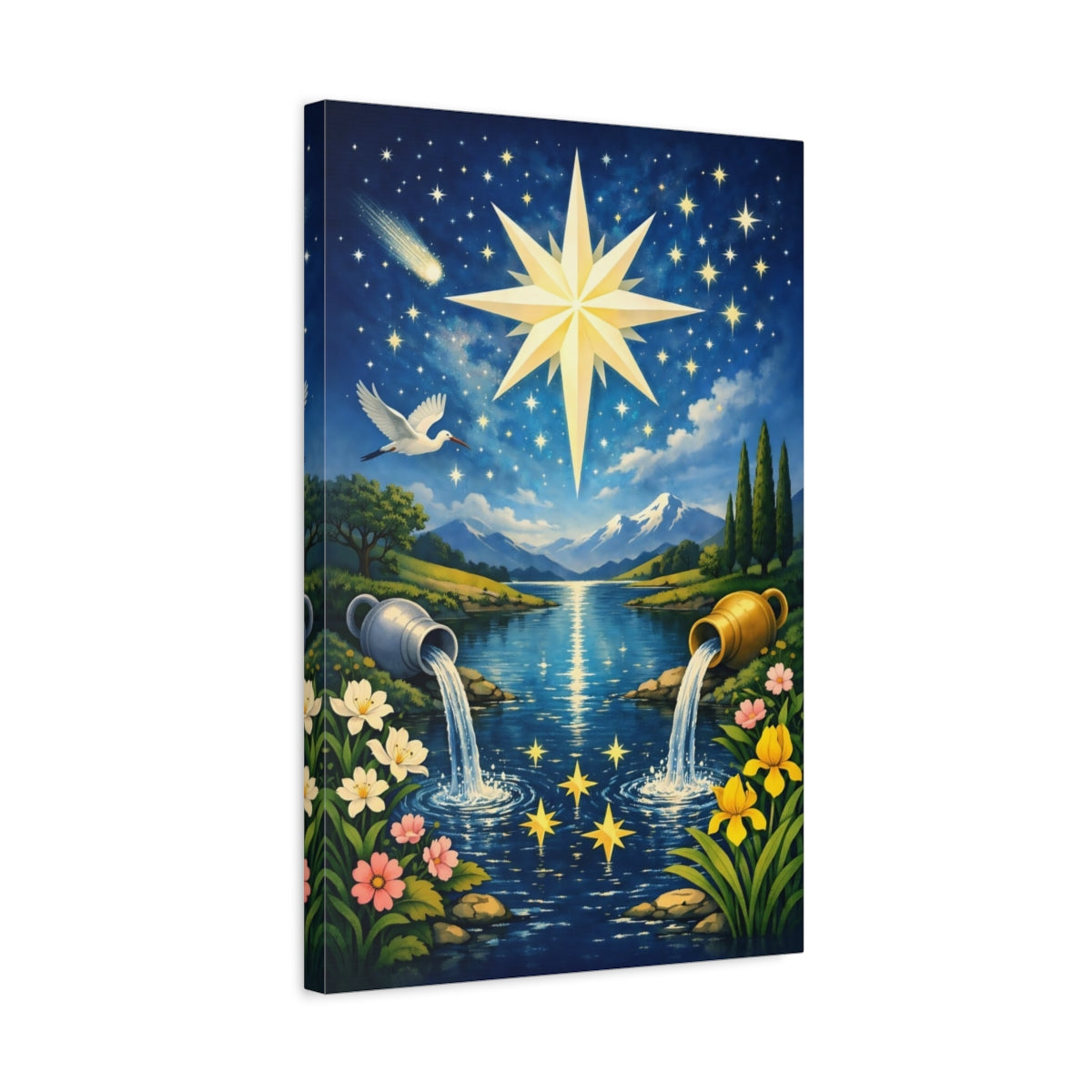 Side Mockup 3. Fairytale Celestial Star Blue And Gold Star shown as stretched canvas wall art