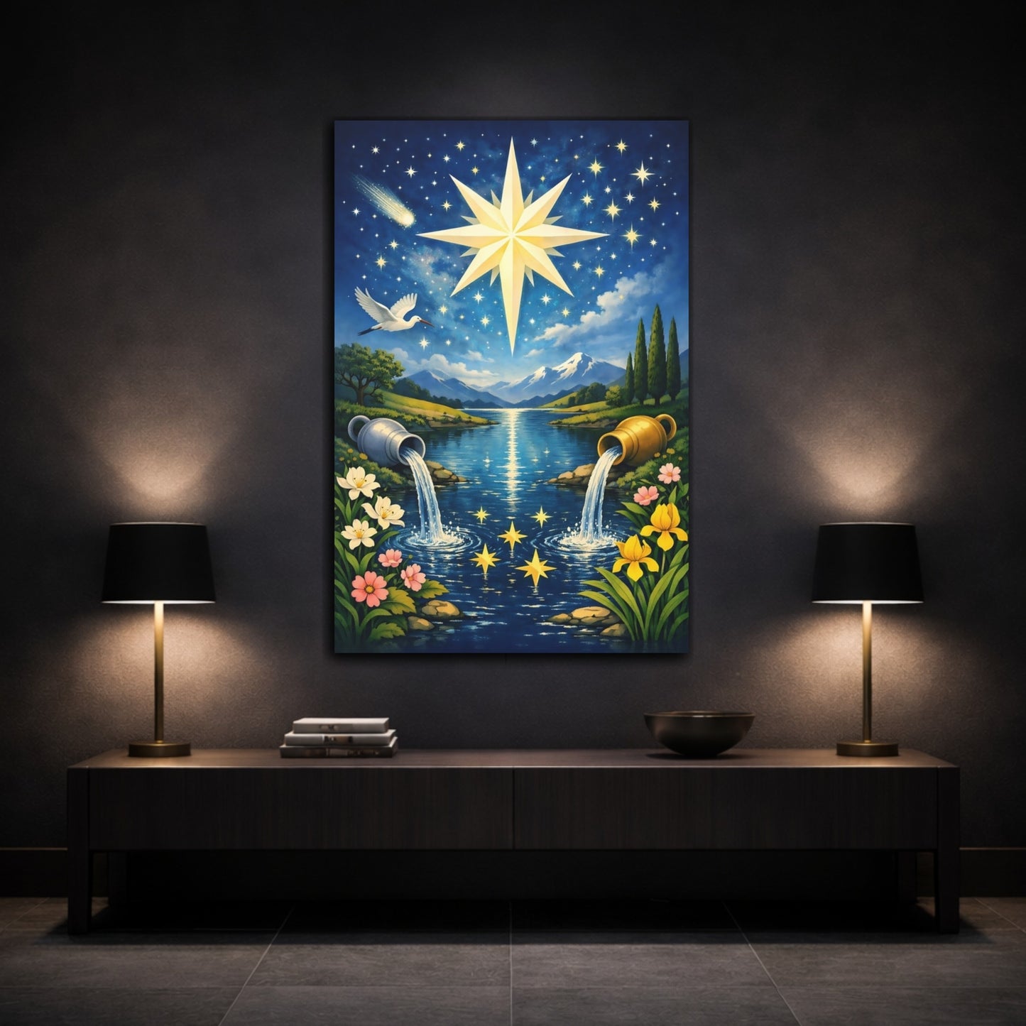 Mockup 2. Fairytale Celestial Star Blue And Gold Star shown as stretched canvas wall art