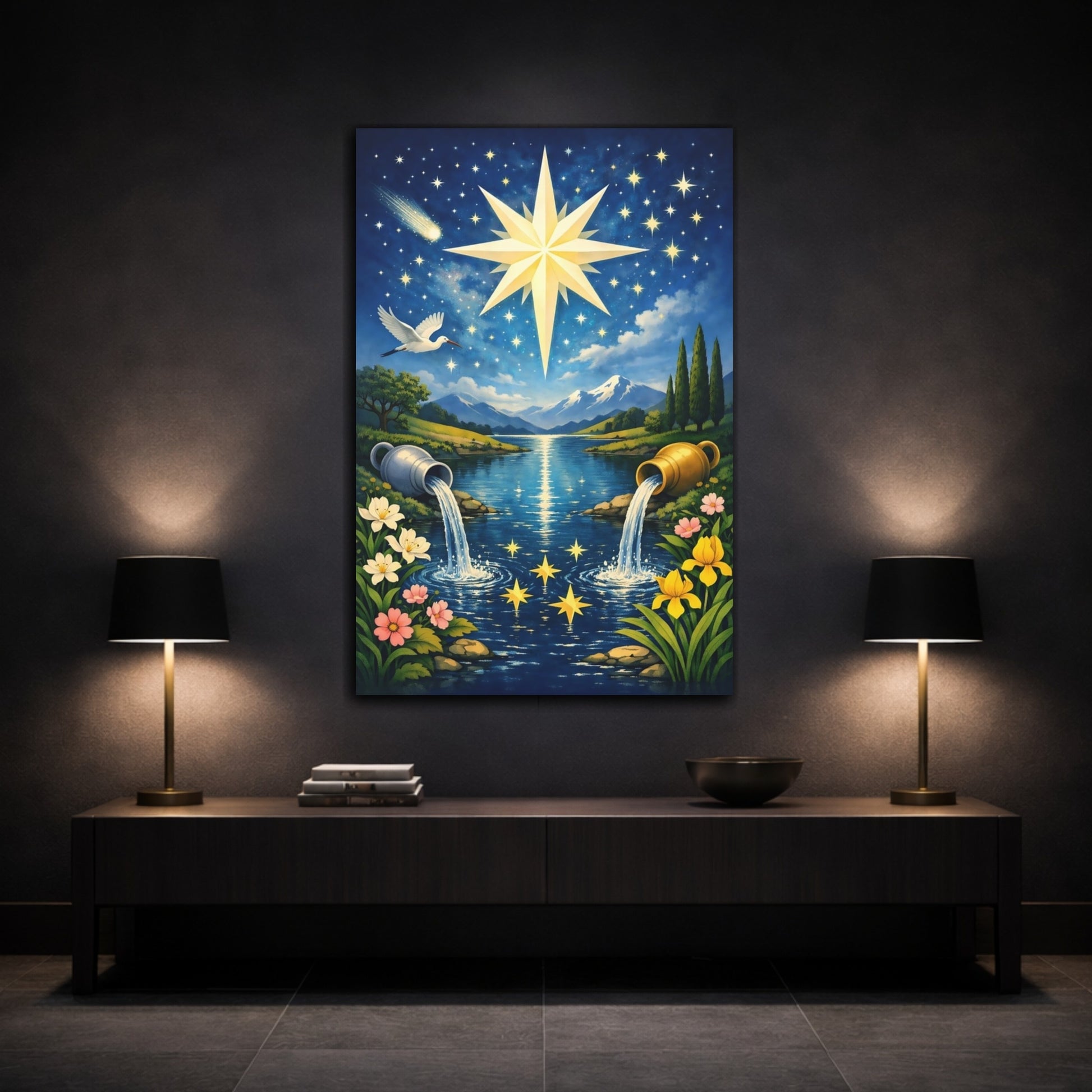 Mockup 2. Fairytale Celestial Star Blue And Gold Star shown as stretched canvas wall art