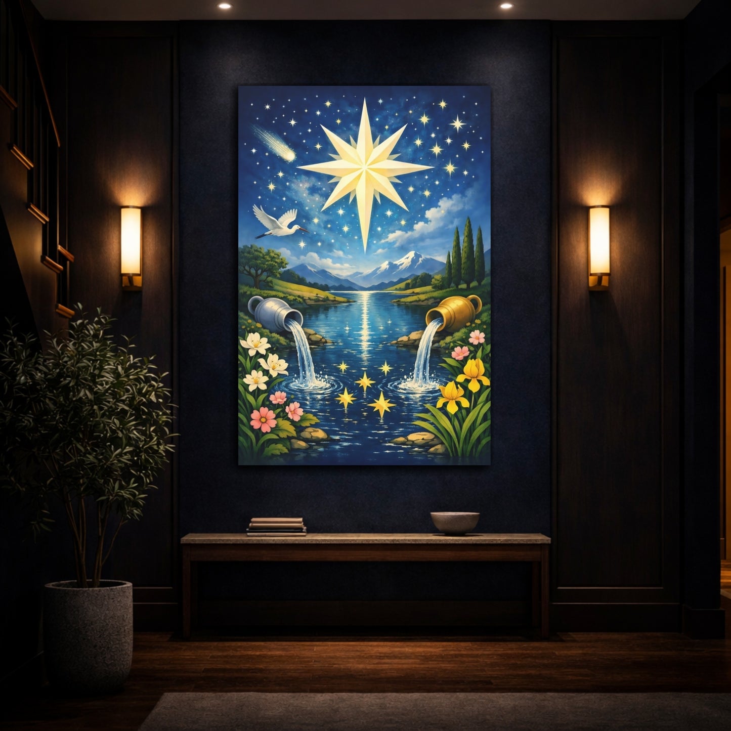 Mockup 4. Fairytale Celestial Star Blue And Gold Star shown as stretched canvas wall art