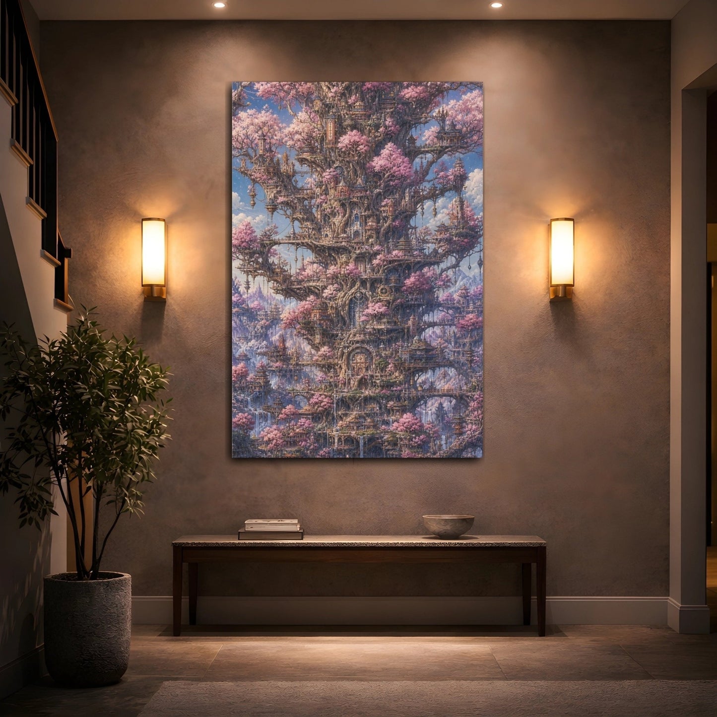Fairytale Cherry Blossom City Pink Fantasy Canvas Wall Art Print – Living Room, Large - YesArtYes