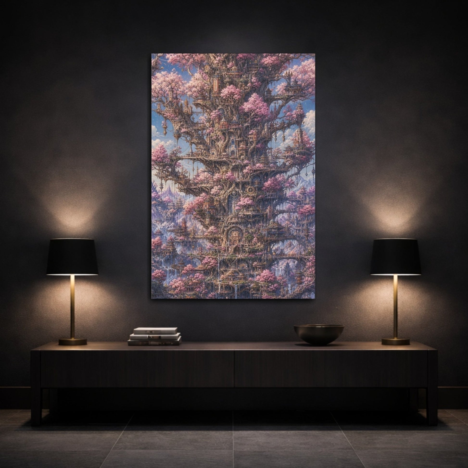 Fairytale Cherry Blossom City Pink Fantasy Canvas Wall Art Print – Living Room, Large - YesArtYes