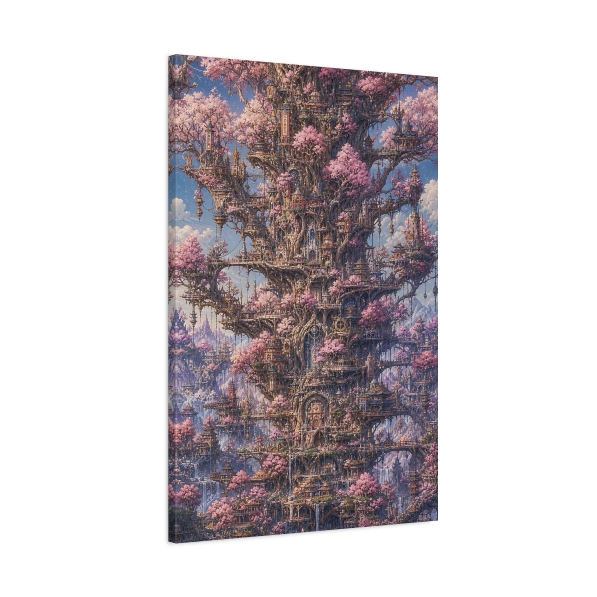 Fairytale Cherry Blossom City Pink Fantasy Canvas Wall Art Print – Living Room, Large - YesArtYes