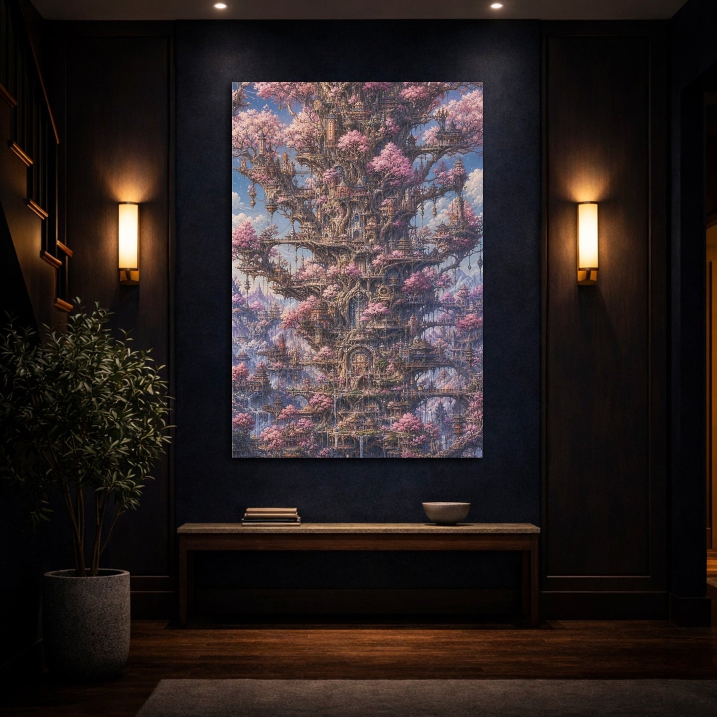 Fairytale Cherry Blossom City Pink Fantasy Canvas Wall Art Print – Living Room, Large - YesArtYes