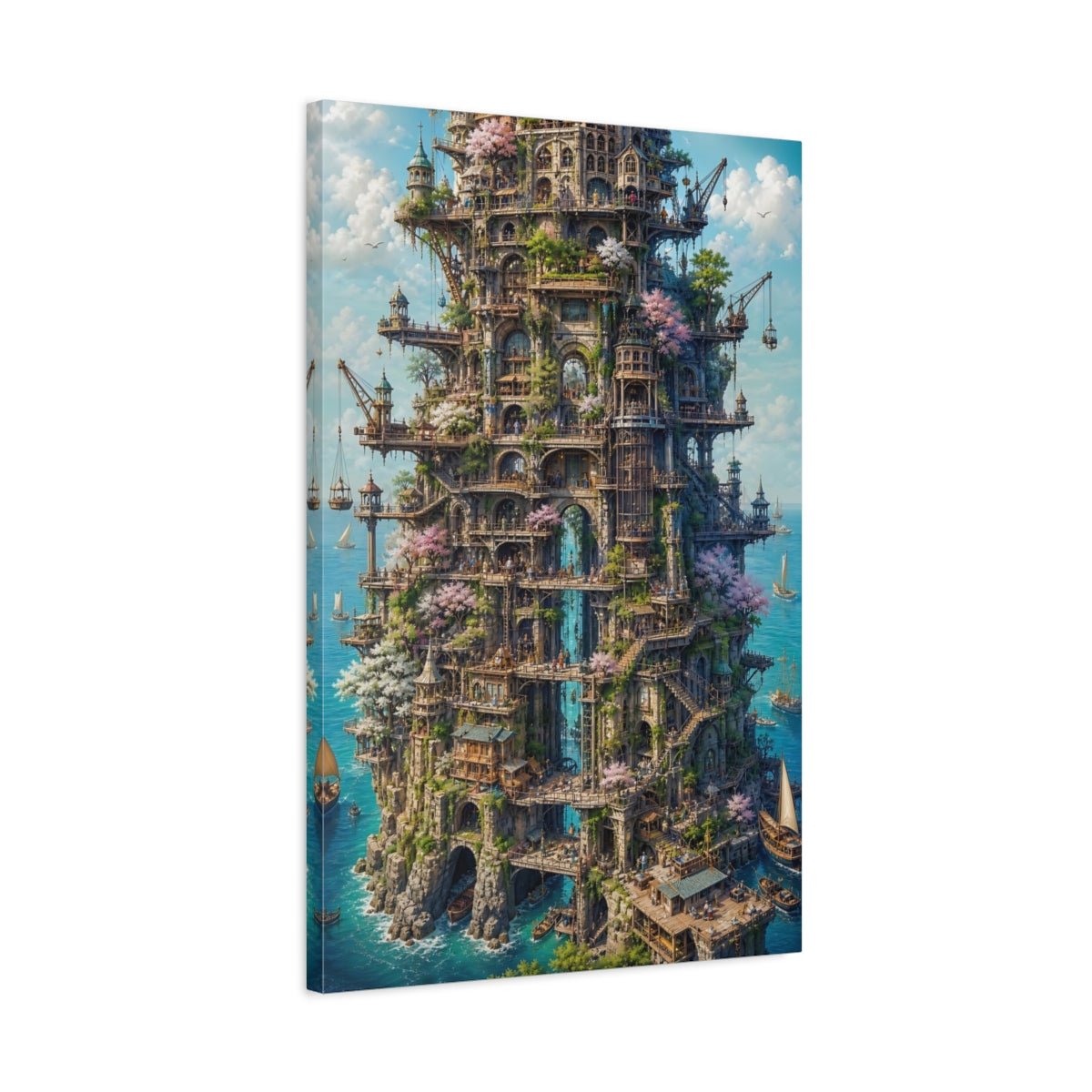 Fairytale Cliff City Fantasy Cityscape Canvas Wall Art Print – Living Room Decor, Above Couch - YesArtYes