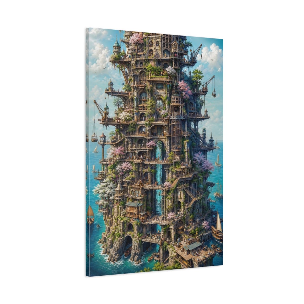 Fairytale Cliff City Fantasy Cityscape Canvas Wall Art Print – Living Room Decor, Above Couch - YesArtYes