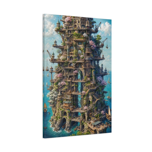 Fairytale Cliff City Fantasy Cityscape Canvas Wall Art Print – Living Room Decor, Above Couch - YesArtYes