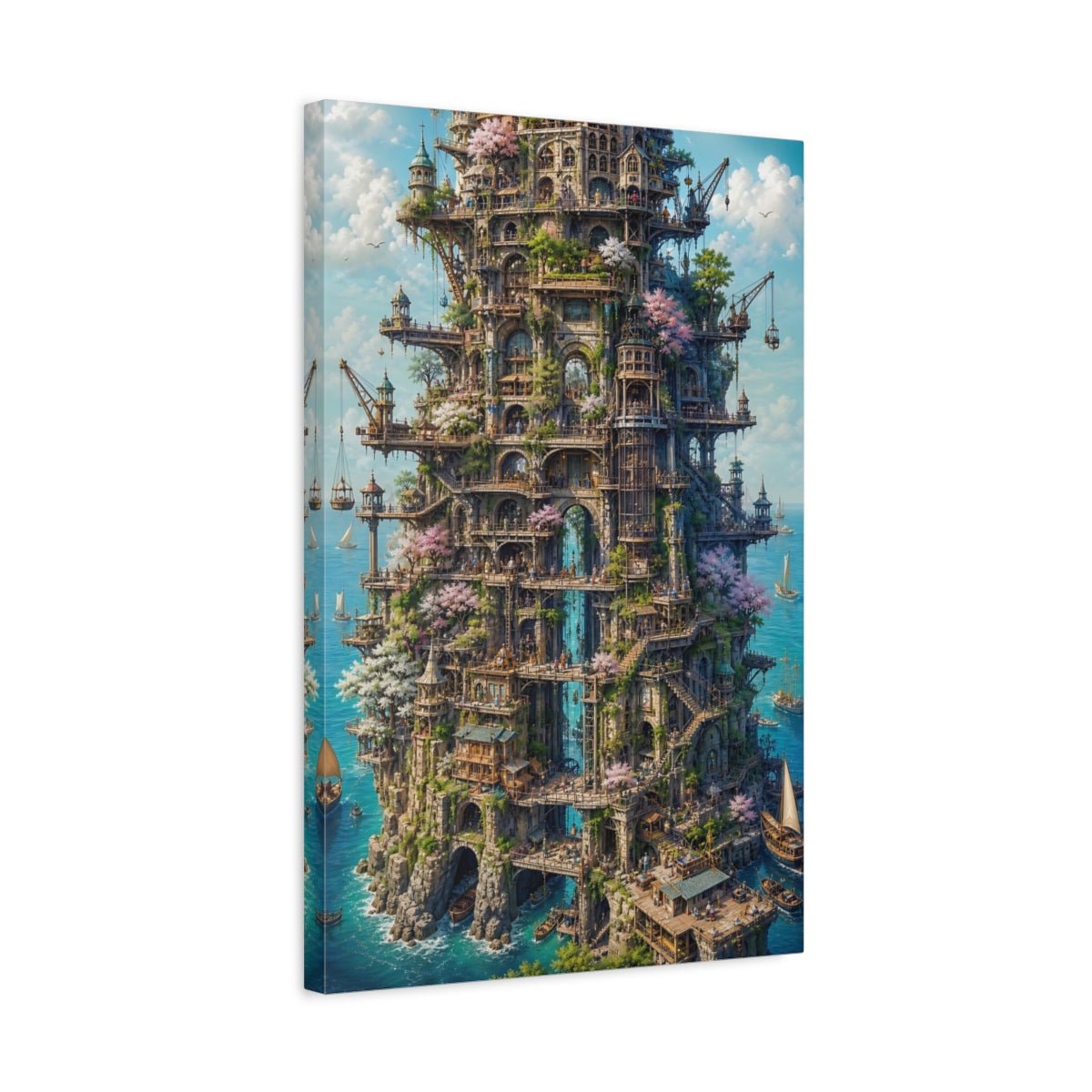 Fairytale Cliff City Fantasy Cityscape Canvas Wall Art Print – Living Room Decor, Above Couch - YesArtYes