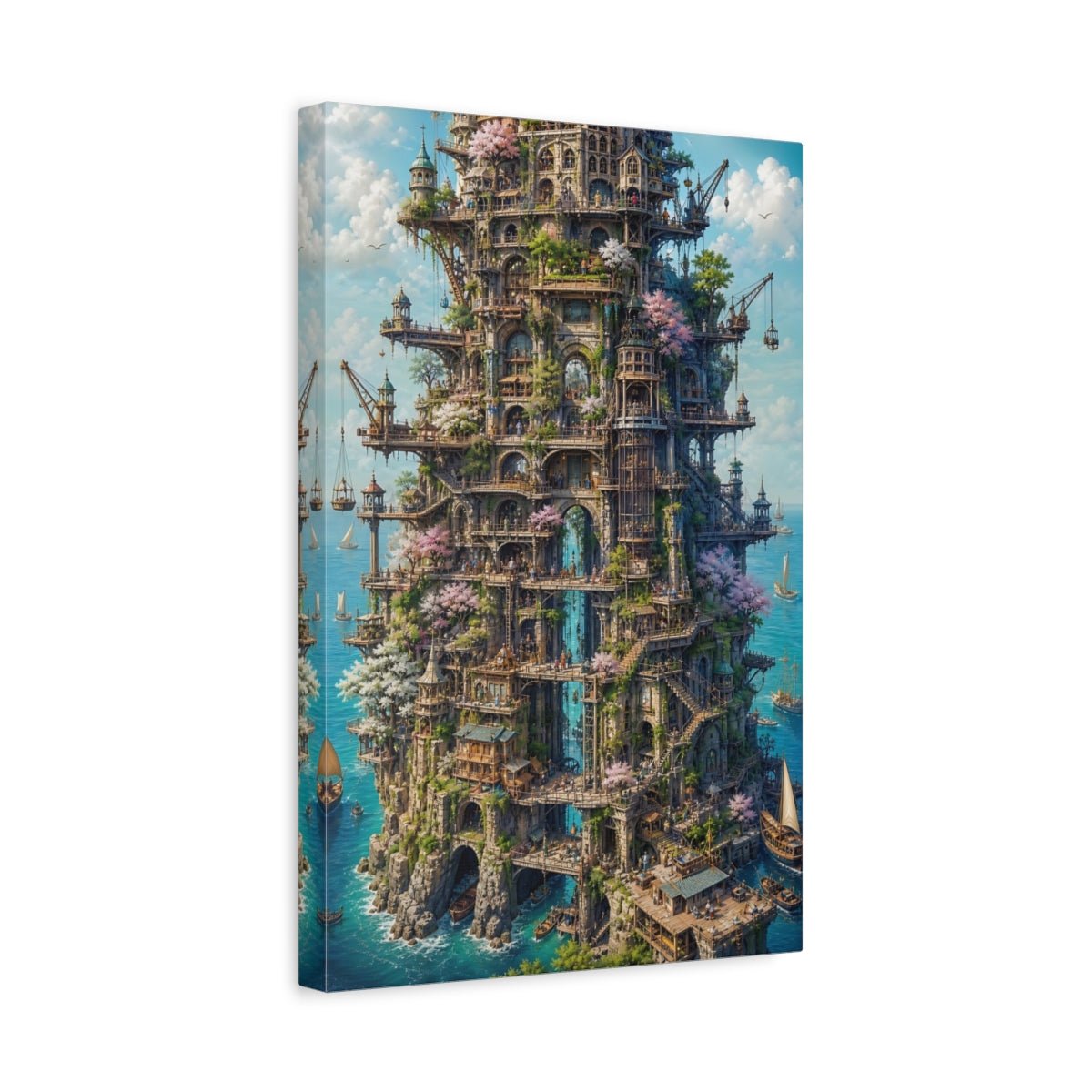 Fairytale Cliff City Fantasy Cityscape Canvas Wall Art Print – Living Room Decor, Above Couch - YesArtYes