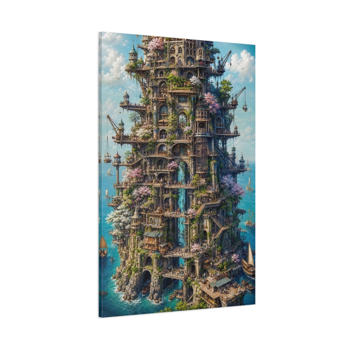 Fairytale Cliff City Fantasy Cityscape Canvas Wall Art Print – Living Room Decor, Above Couch - YesArtYes