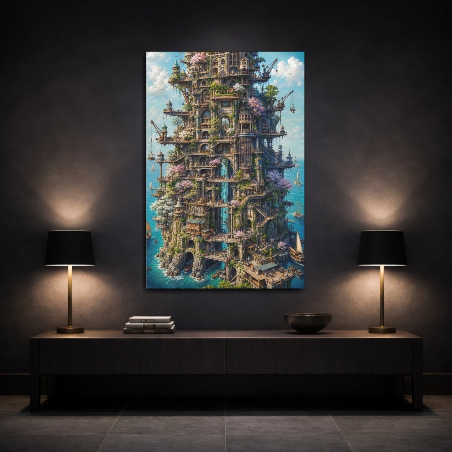 Fairytale Cliff City Fantasy Cityscape Canvas Wall Art Print – Living Room Decor, Above Couch - YesArtYes