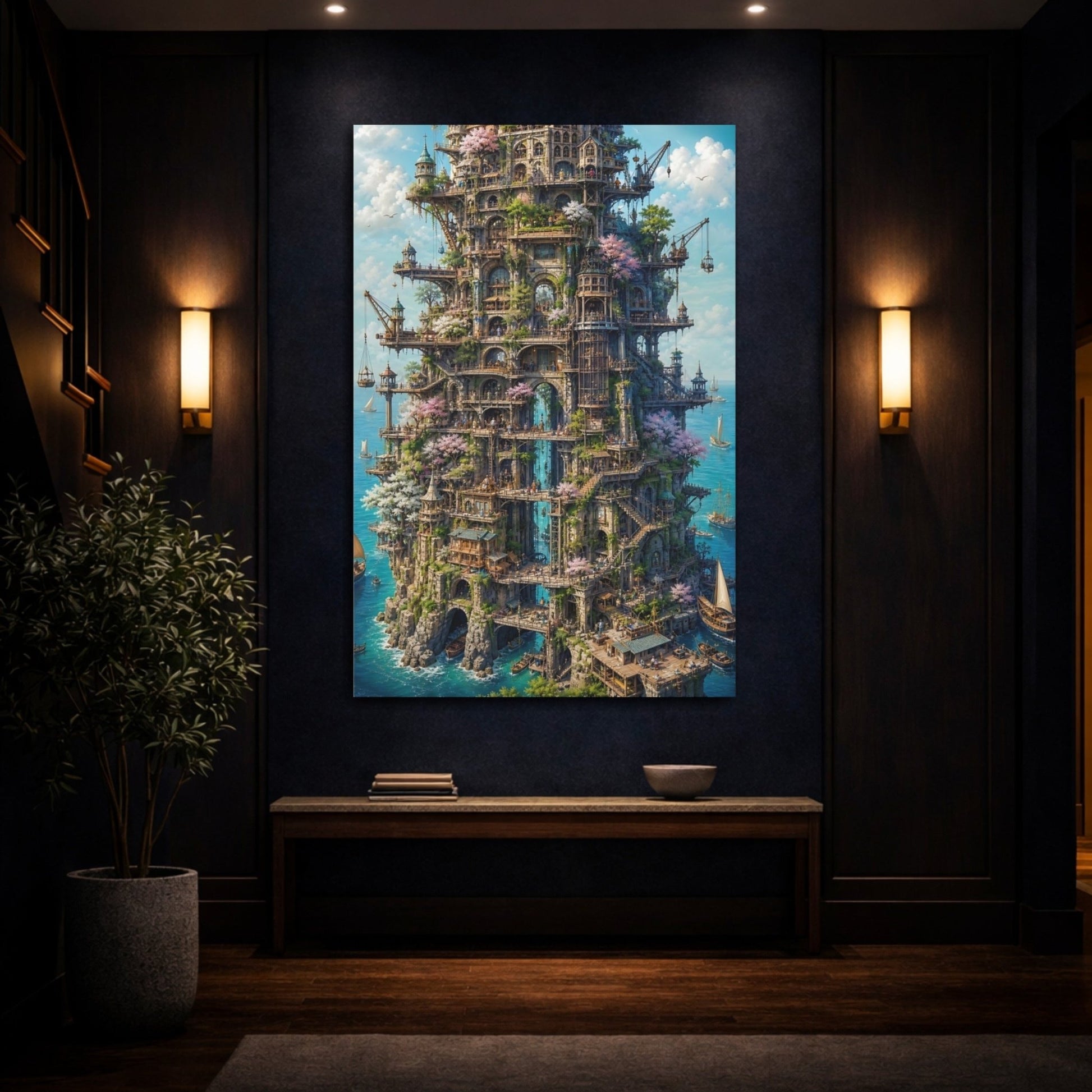 Fairytale Cliff City Fantasy Cityscape Canvas Wall Art Print – Living Room Decor, Above Couch - YesArtYes