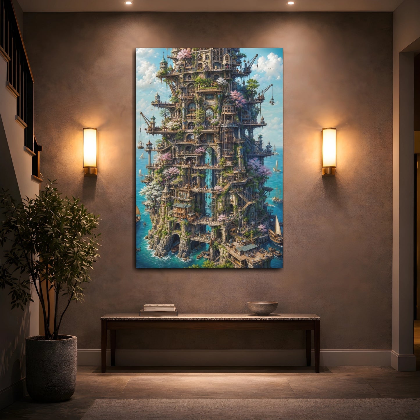 Mockup 2. Fairytale Cliff City Fantasy Cityscape shown as stretched canvas wall art
