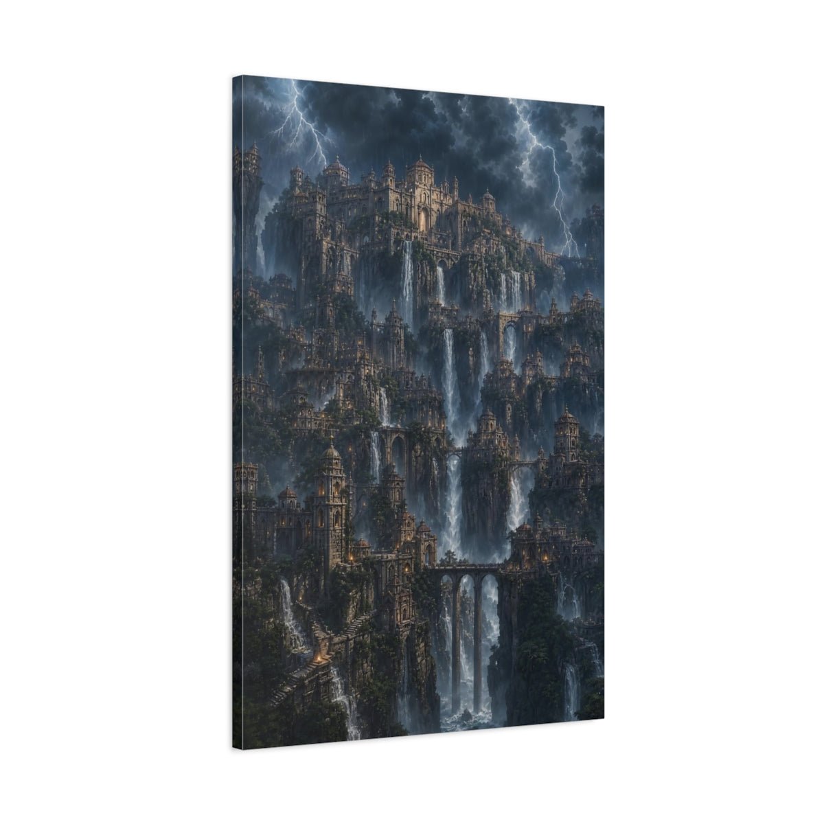 Fairytale Cliff City Stormy Mountain Canvas Print – Living Room, Above Sofa - YesArtYes