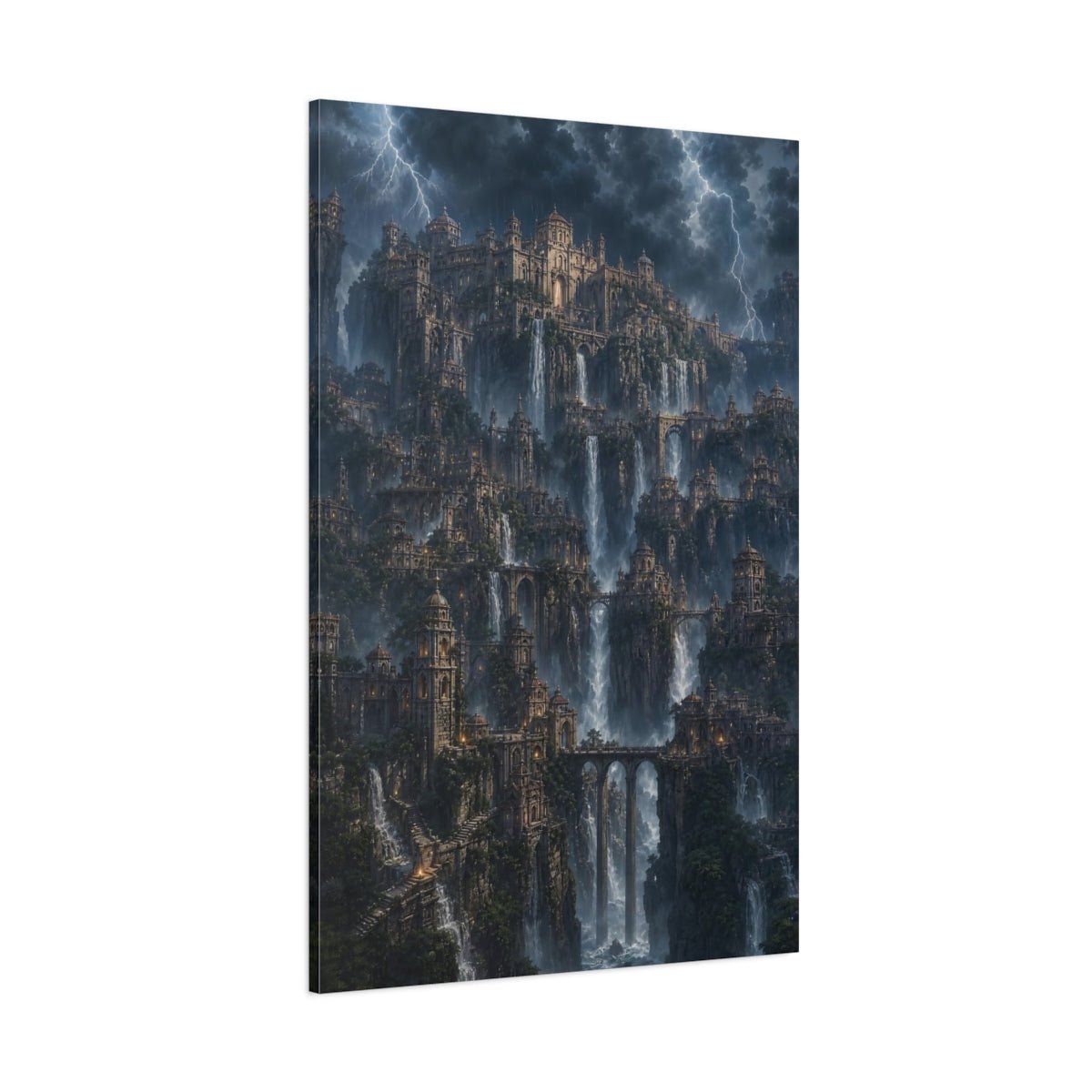 Fairytale Cliff City Stormy Mountain Canvas Print – Living Room, Above Sofa - YesArtYes