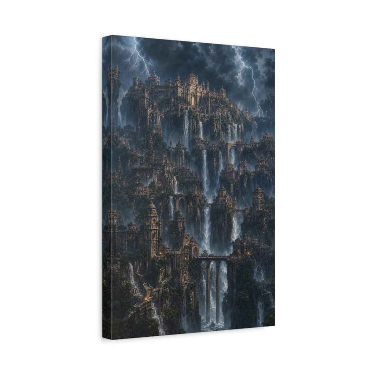 Fairytale Cliff City Stormy Mountain Canvas Print – Living Room, Above Sofa - YesArtYes