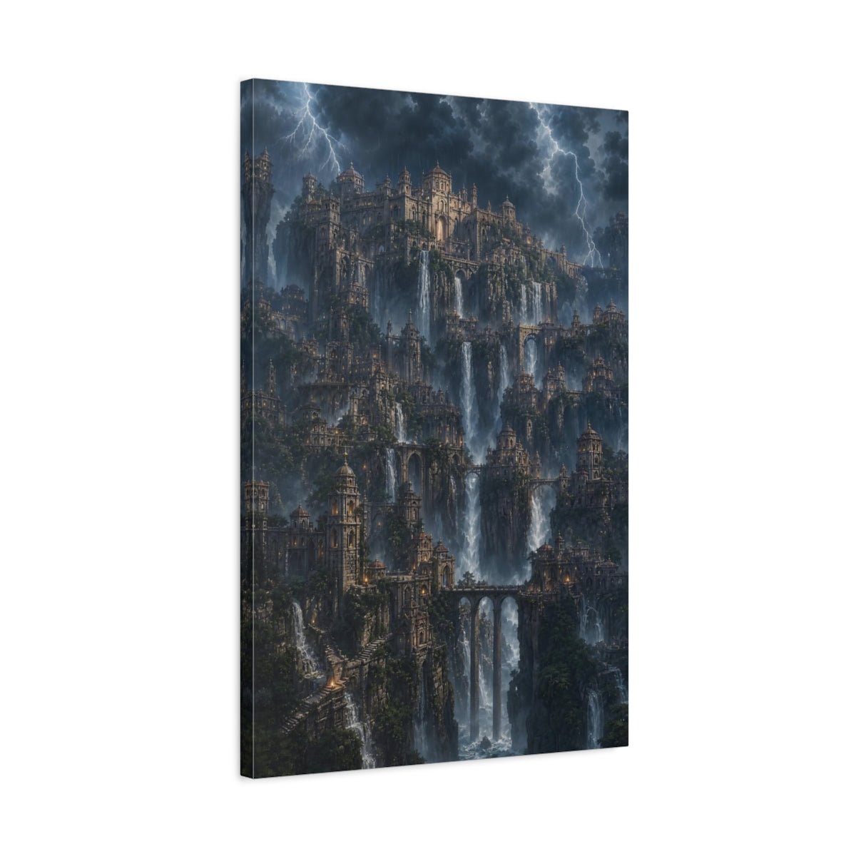 Fairytale Cliff City Stormy Mountain Canvas Print – Living Room, Above Sofa - YesArtYes