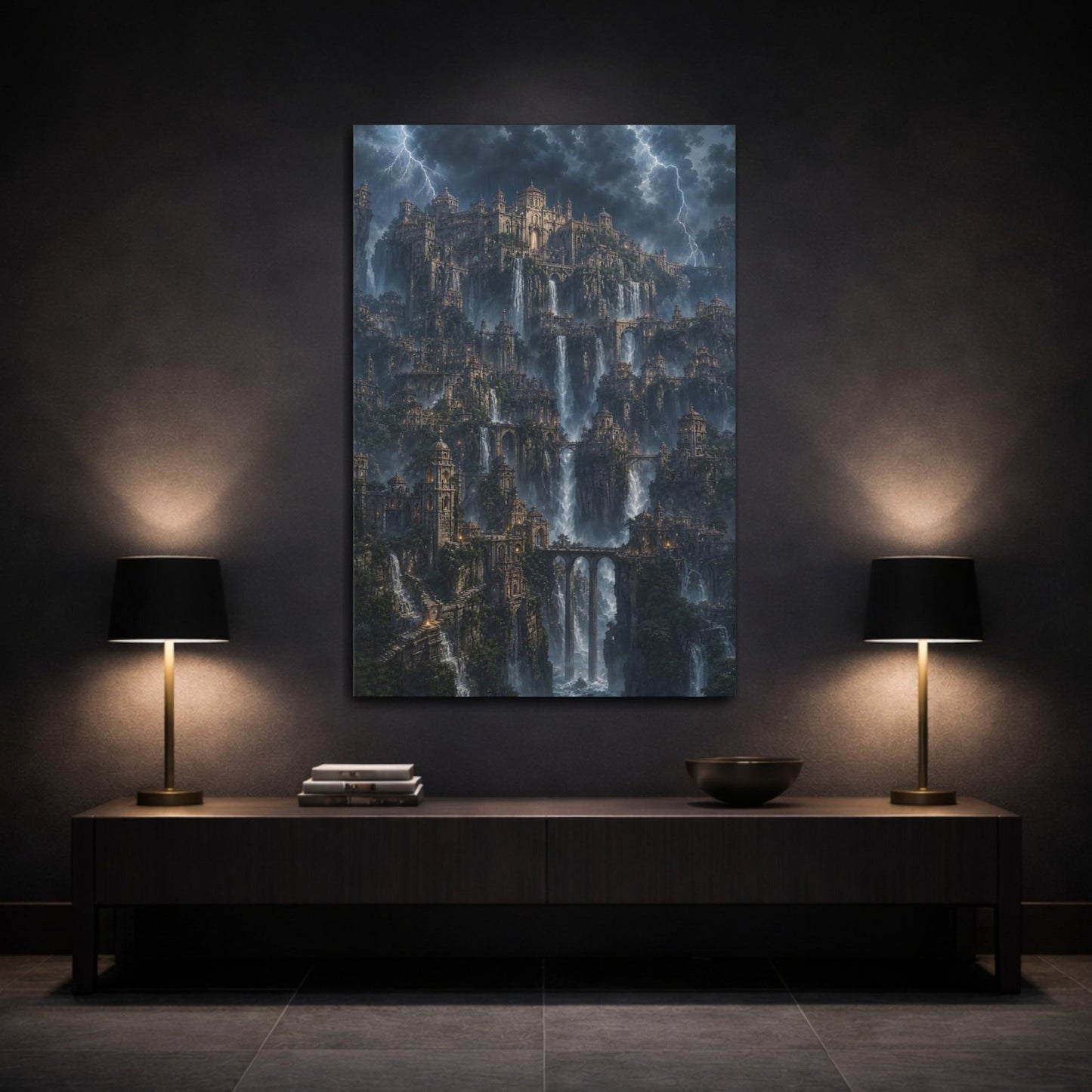 Fairytale Cliff City Stormy Mountain Canvas Print – Living Room, Above Sofa - YesArtYes
