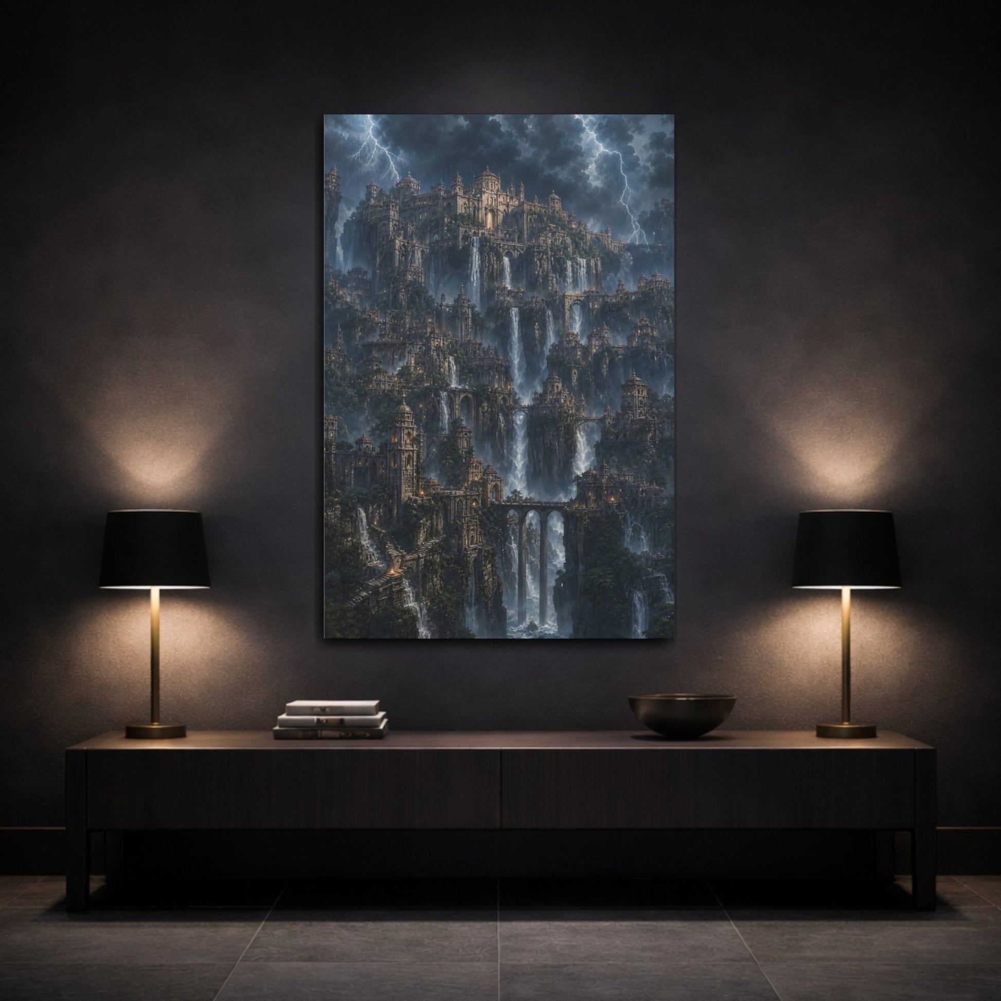 Fairytale Cliff City Stormy Mountain Canvas Print – Living Room, Above Sofa - YesArtYes
