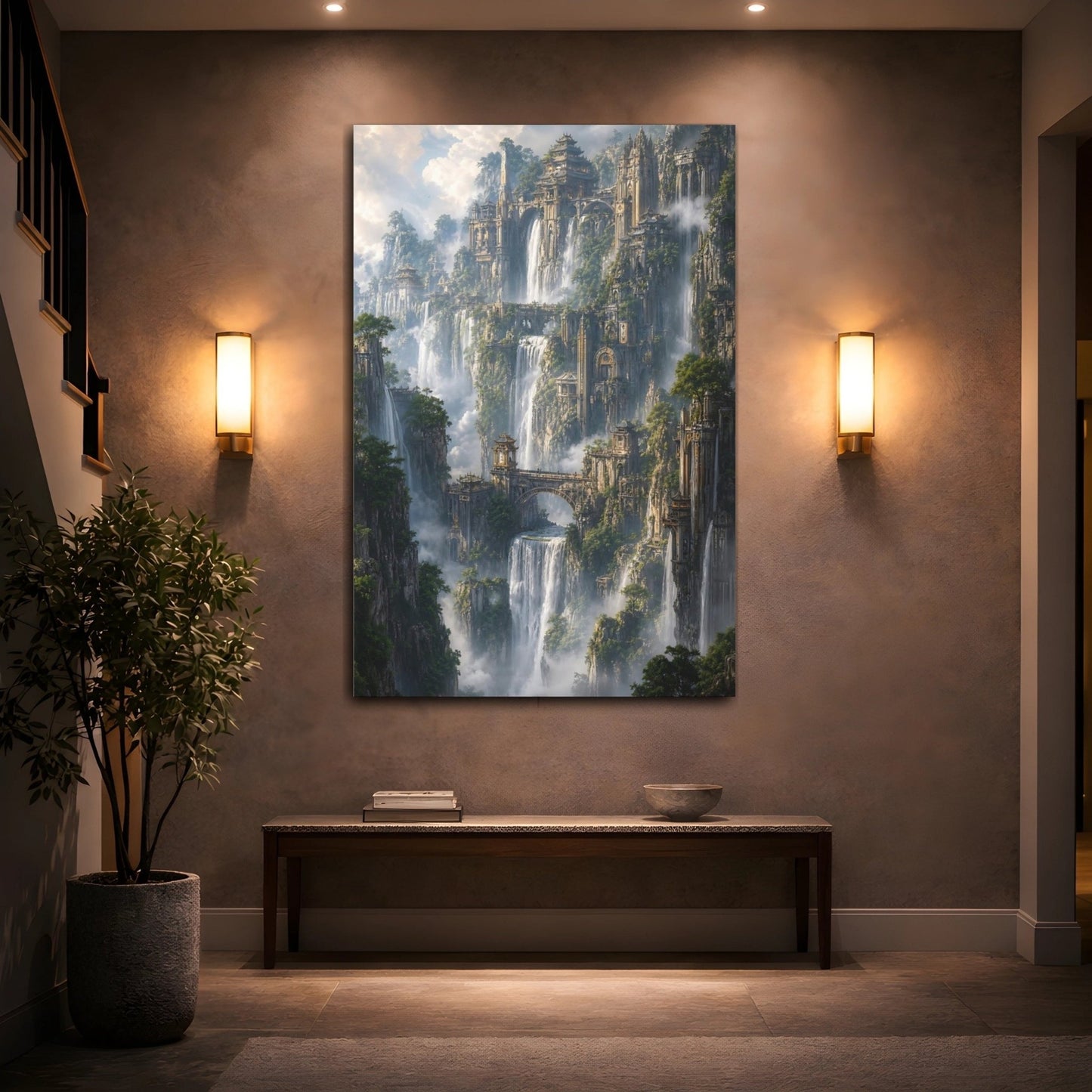 Fairytale Cliffside City Fantasy Cityscape Canvas Print – Living Room, Large Wall - YesArtYes