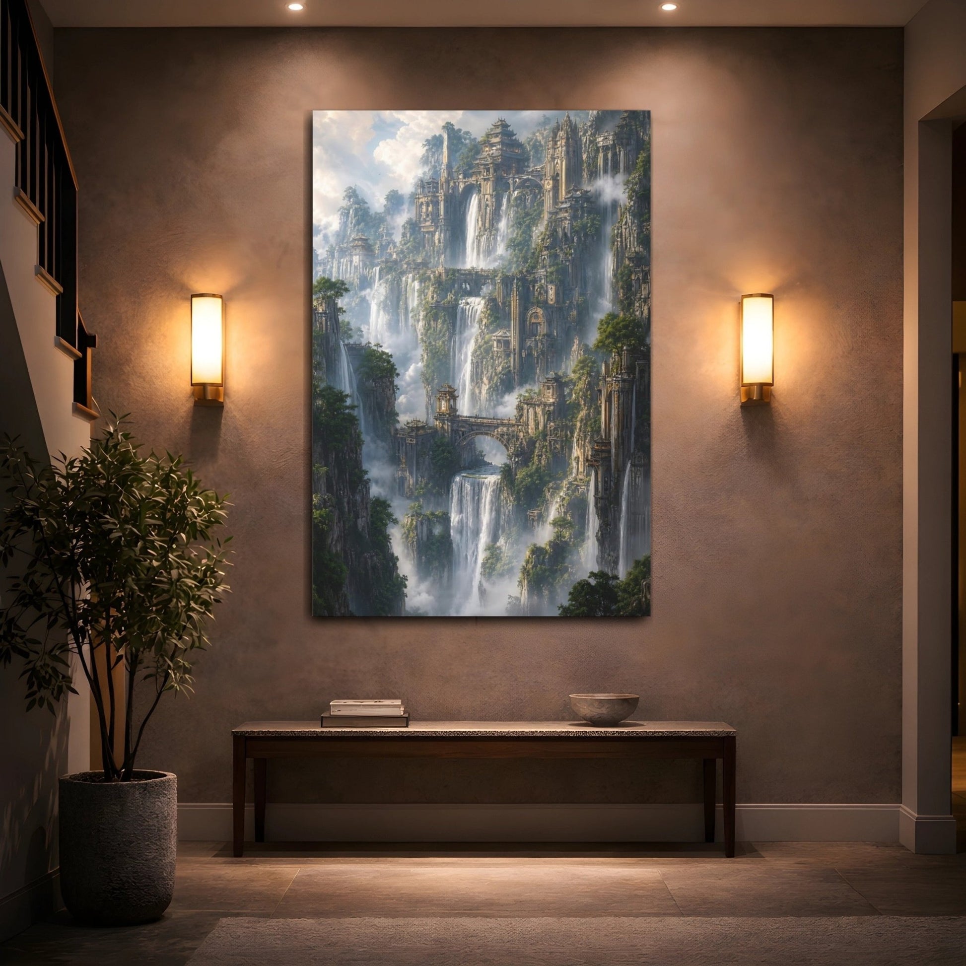 Fairytale Cliffside City Fantasy Cityscape Canvas Print – Living Room, Large Wall - YesArtYes