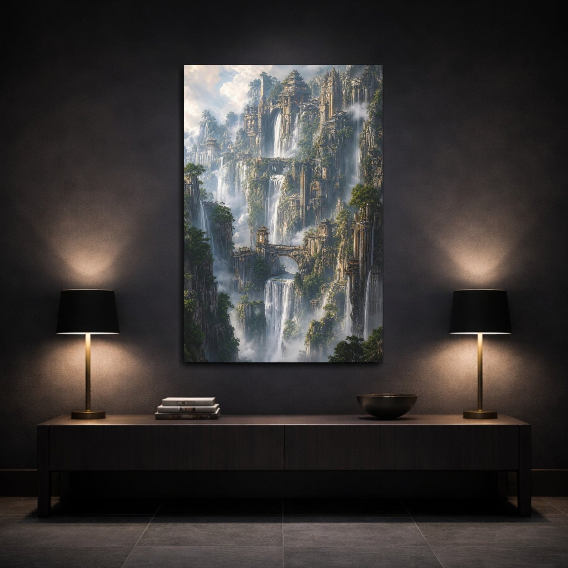 Fairytale Cliffside City Fantasy Cityscape Canvas Print – Living Room, Large Wall - YesArtYes