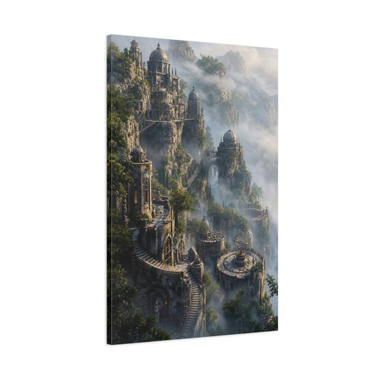 Fairytale Cliffside City Misty Canvas Wall Art Print – Living Room Decor, Above Fireplace - YesArtYes
