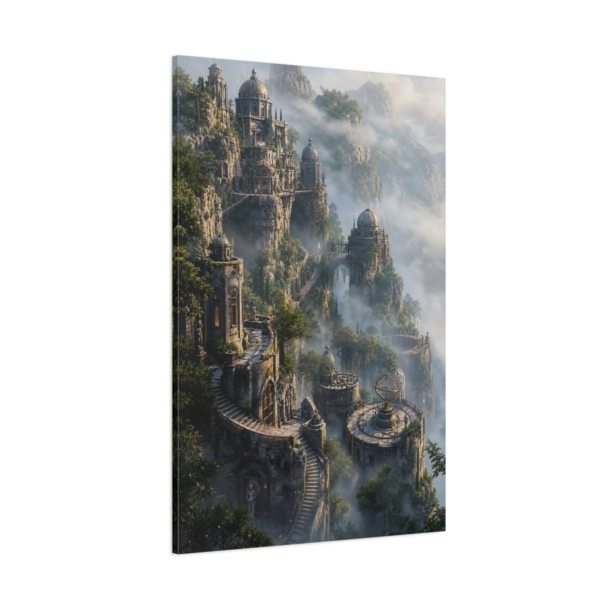 Fairytale Cliffside City Misty Canvas Wall Art Print – Living Room Decor, Above Fireplace - YesArtYes