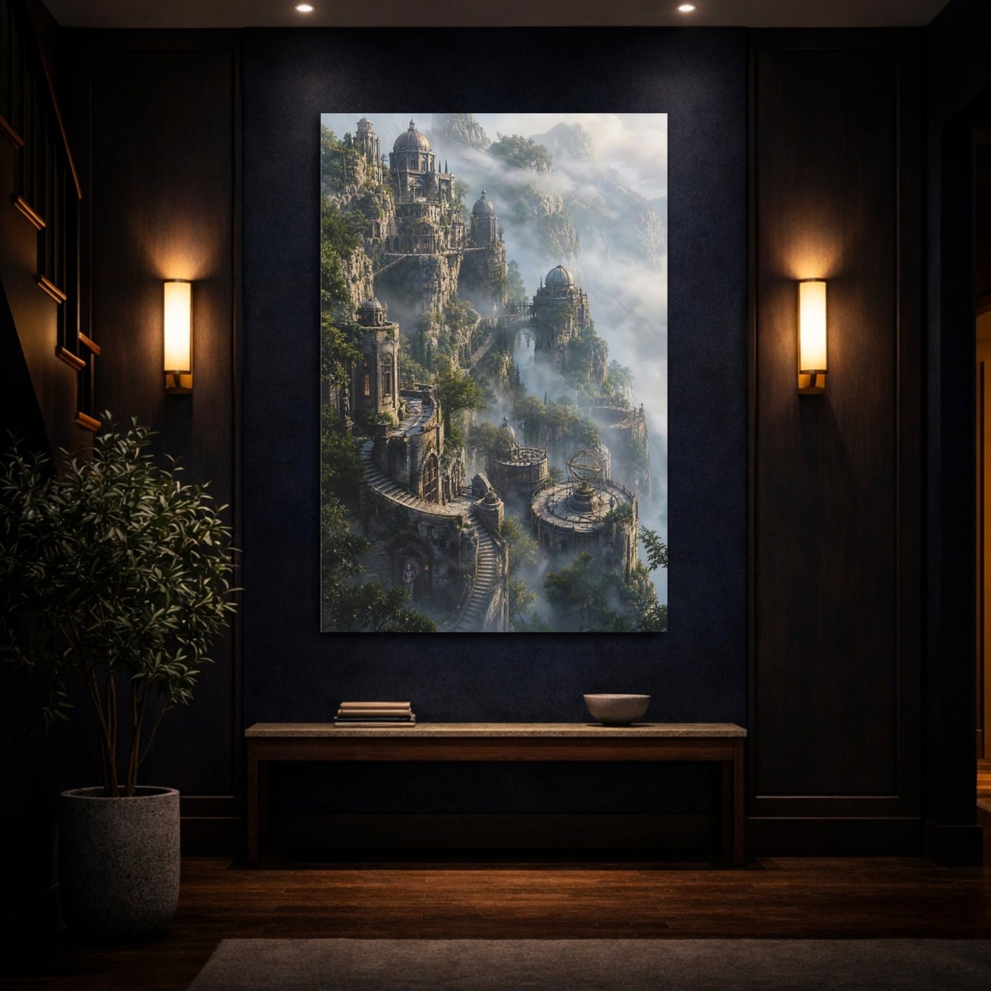 Fairytale Cliffside City Misty Canvas Wall Art Print – Living Room Decor, Above Fireplace - YesArtYes