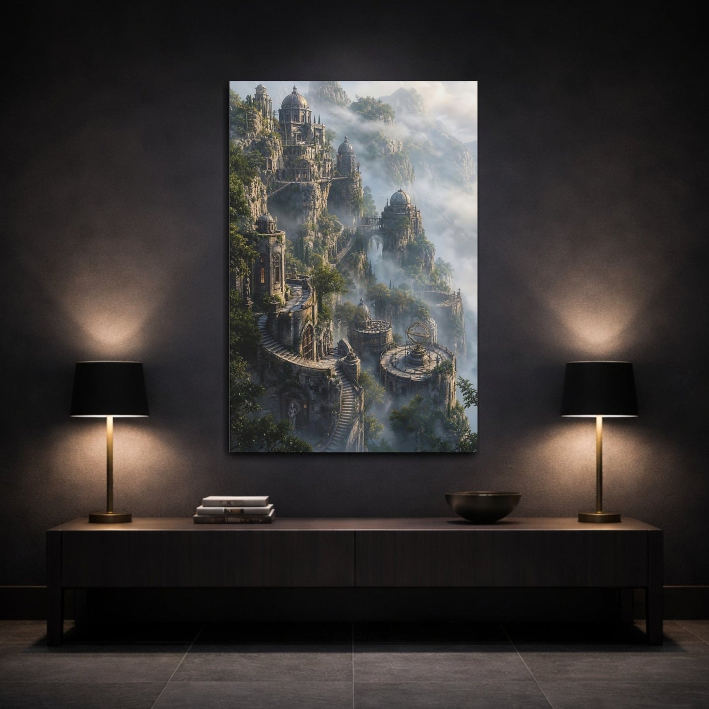 Fairytale Cliffside City Misty Canvas Wall Art Print – Living Room Decor, Above Fireplace - YesArtYes