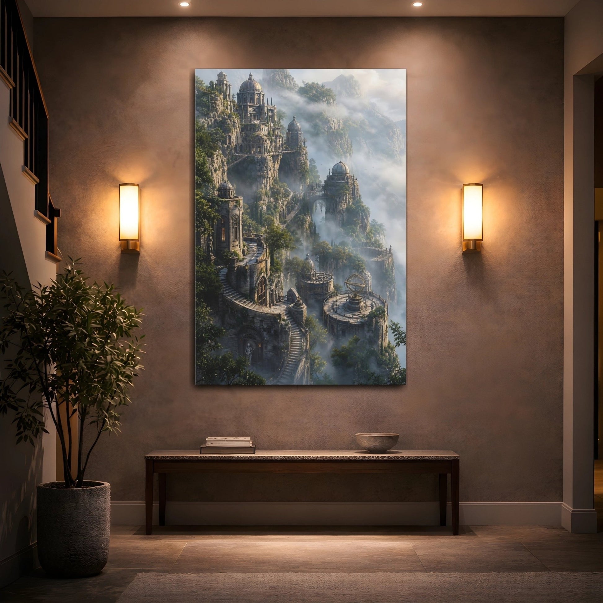 Fairytale Cliffside City Misty Canvas Wall Art Print – Living Room Decor, Above Fireplace - YesArtYes