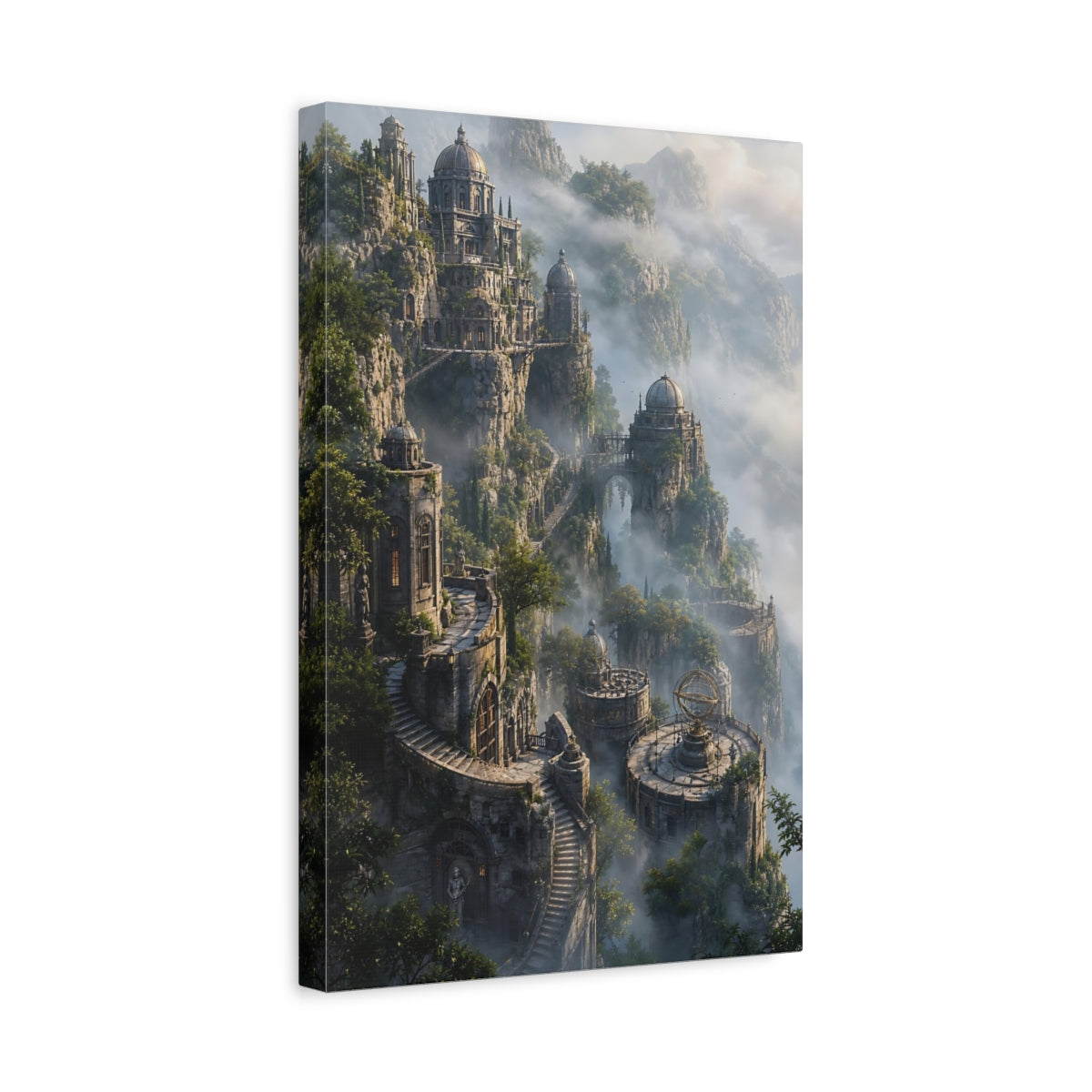 Side Mockup 4. Fairytale Cliffside City Misty Cliffside City shown as stretched canvas wall art