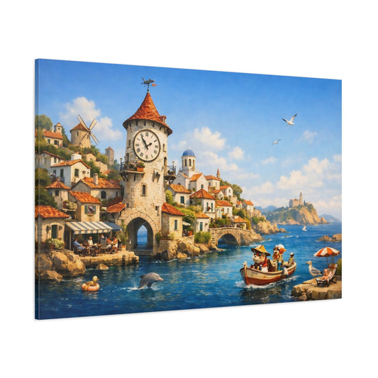 Fairytale Coastal Town Blue Coastal Village shown as stretched canvas wall art