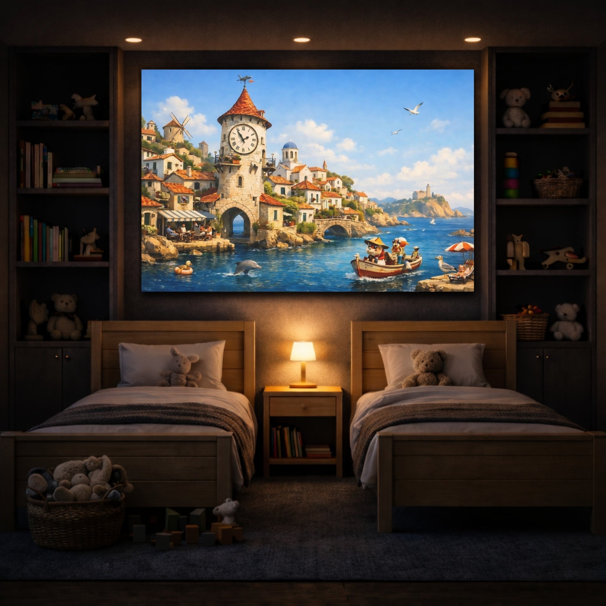 Fairytale Coastal Town Blue Coastal Village shown as front canvas room wall art