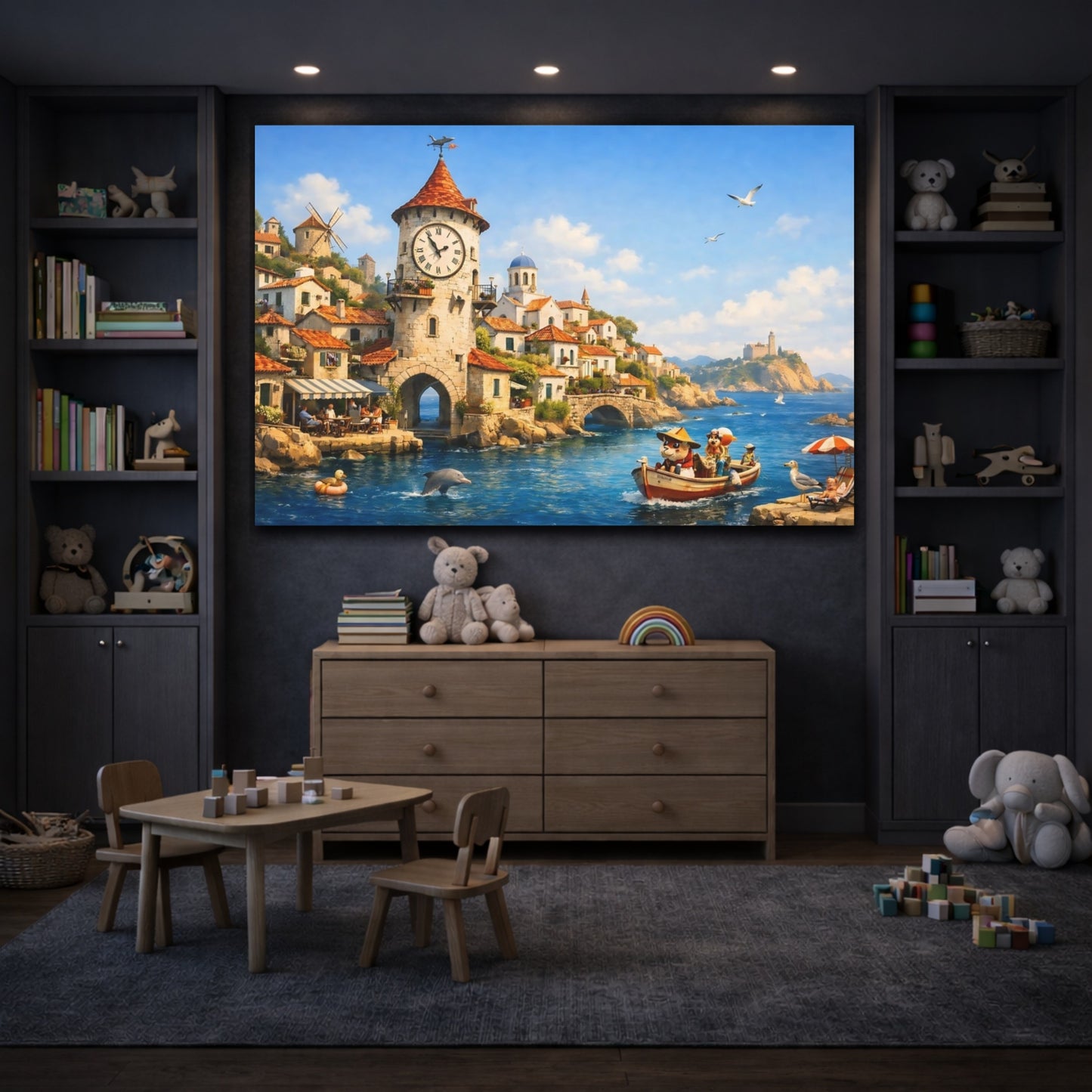 Fairytale Coastal Town Blue Coastal Village shown as front canvas room wall art